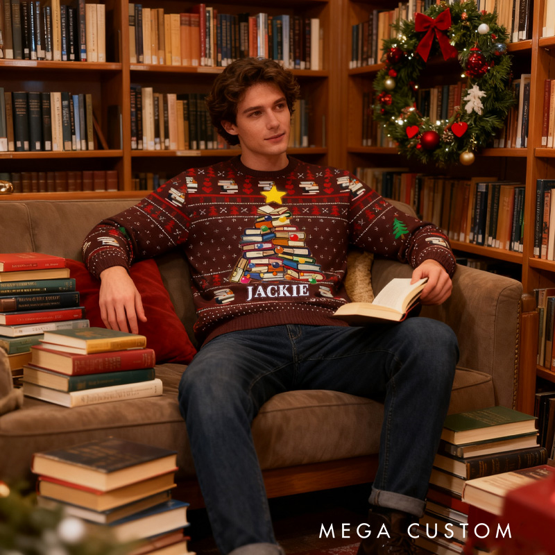 Personalized Book Pine Christmas Ugly Sweater Christmas Gift Ugly Sweater for Book Lovers Reader Bookworm Bookish