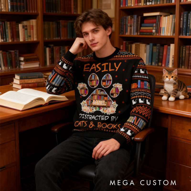 Personalized Easily Distracted by Cats and Books Ugly Sweater Christmas Gift Ugly Sweater for Book Lovers Reader Bookworm Bookish Librarian