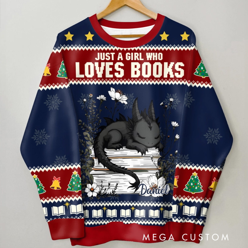 Personalized Just a Girl Who Loves Books and Dragons Ugly Sweater Christmas Gift Ugly Sweater for Book Lovers Reader Bookworm Bookish Librarian