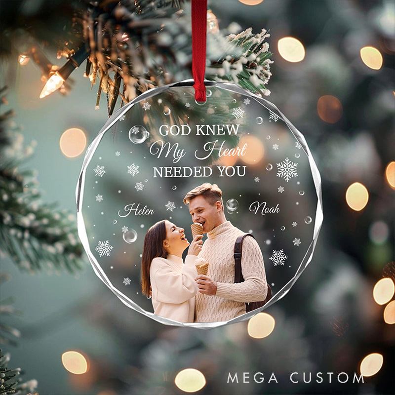 Personalized God Knew My Heart Needed You Couple Christmas Glass Ornament with Custom Name and Photo Romantic Holiday Gift Anniversary Gift for Couple