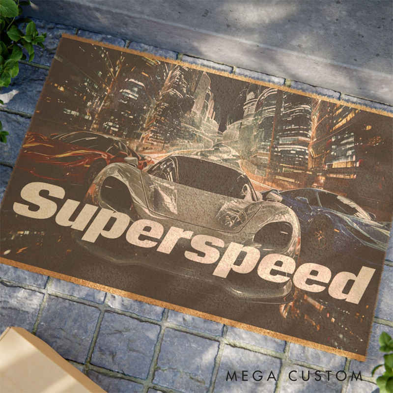 Personalized Racing Car Coir Doormat Custom Text Super Speed Design for Garage or Home Decor