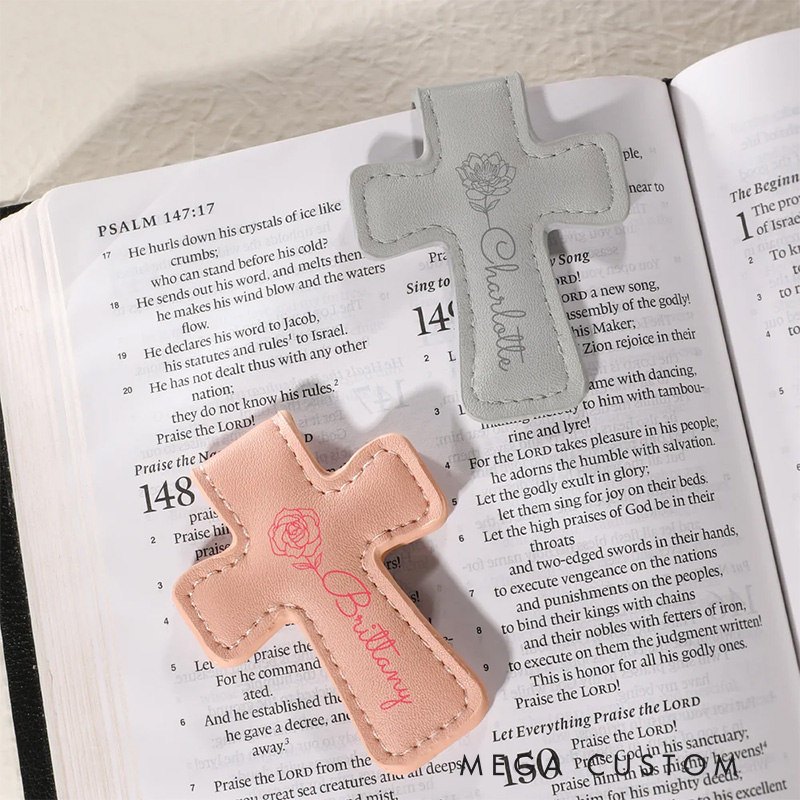 Personalized Birth Flower PU Leather Cross Magnetic Bookmark Clip with Name Reading Supplies First Communion Baptism Gift for Christians Bookworms