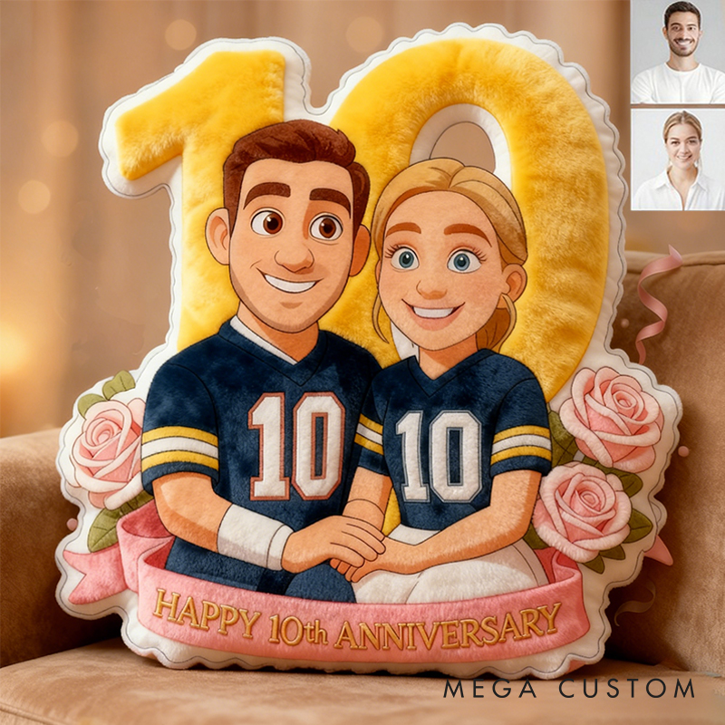 Personalized 10th Anniversary Football Player Pillow with Custom Couple Portrait and Romantic Floral Design Anniversary Gift Valentines Day