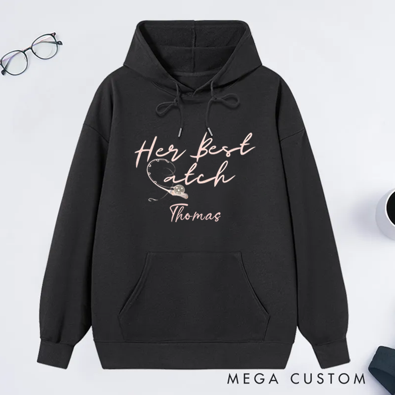 Personalized Fishing Couple Hoodies Funny Fishing Sweatshirt His or Her Best Catch Design Custom Name Romantic Gift for Fishing Lovers Wife Husband or Couples