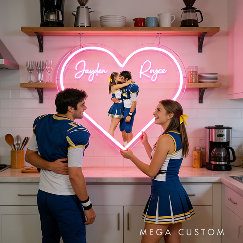 Personalized Football Player Couple Heart Neon Sign with Names and Photo for Romantic Valentine’s Day Decor