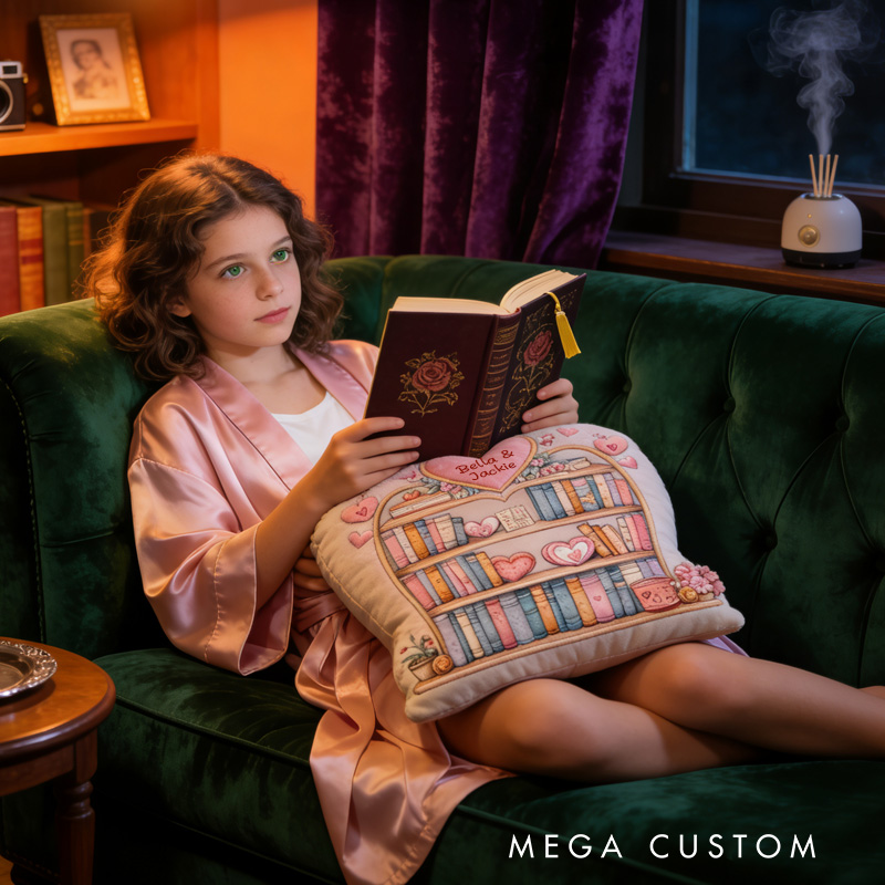 Personalized Valentine Bookcase Throw Pillow Graphic 3D Bookshelf Pillow with Name for Girlfriend Wife Bookish Bookworm Valentines Day Gift