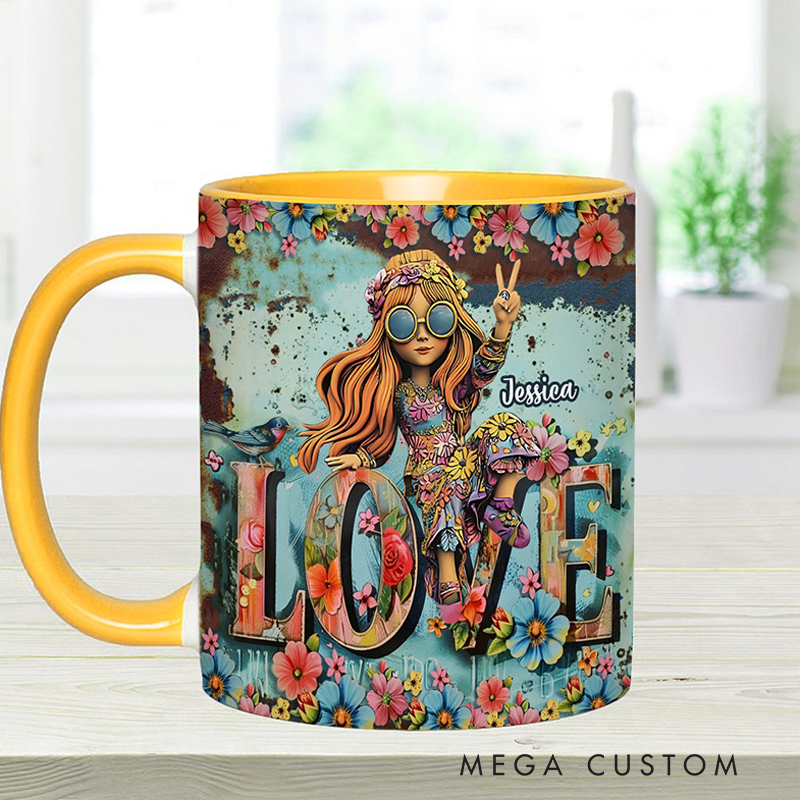 Personalized Hippie Accent Mug Custom Name Hippie Girl Hippie Soul Peace Love Mug for Music Lover Gift