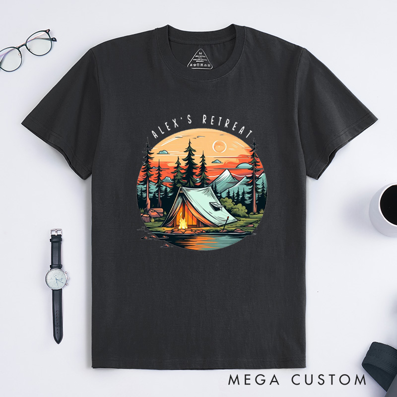 Personalized Camping Outdoors Mountain T-Shirt Forest Campfire and Tent T-Shirt for Nature Traveling Outdoors Lover Gift