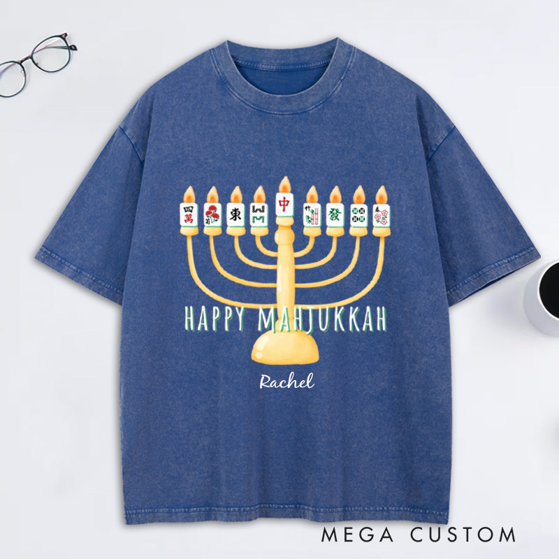 Personalized Hanukkah Mahjong Washed T-Shirt with Name Mahjong Lovers Holiday Shirt Mahj Funny Tee Jewish Holiday Gift Religious Funny Gift