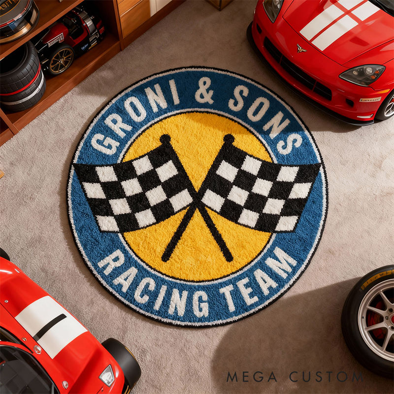 Personalized Racing Team Rug Custom Name Checkered Flag Round Carpet Gift for Car Lovers Garage Decor