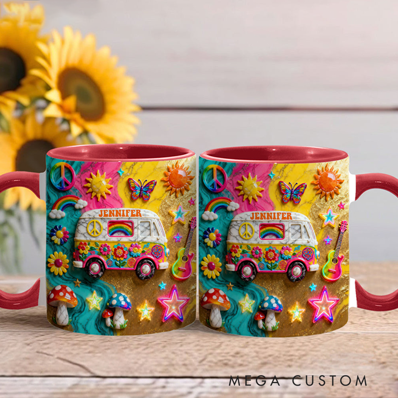 Personalized Hippie Souls Accent Mug Custom Name Colorful Hippie Car Hippie Coffee Mug Bohemian Coffee Mug