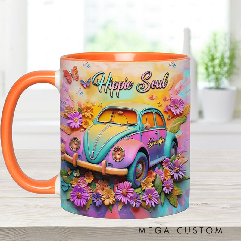 Personalized Hippie Souls Accent Mug Custom Name Colorful Hippie Car Hippie Coffee Mug Bohemian Coffee Mug