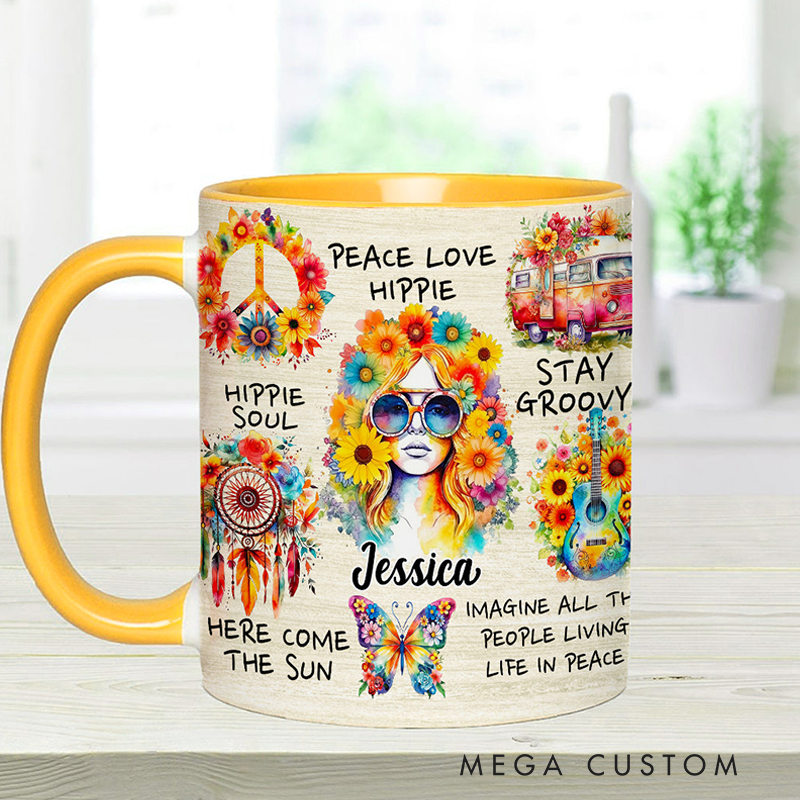 Personalized Hippie Accent Mug Custom Name Hippie Girl Hippie Soul Peace Love Mug for Music Lover Gift