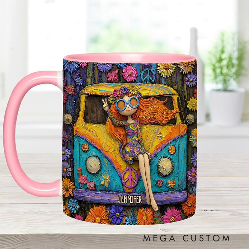 Personalized Hippie Accent Mug Custom Name Hippie Girl and Cars Hippie Soul Peace Love Mug for Music Lover Gift