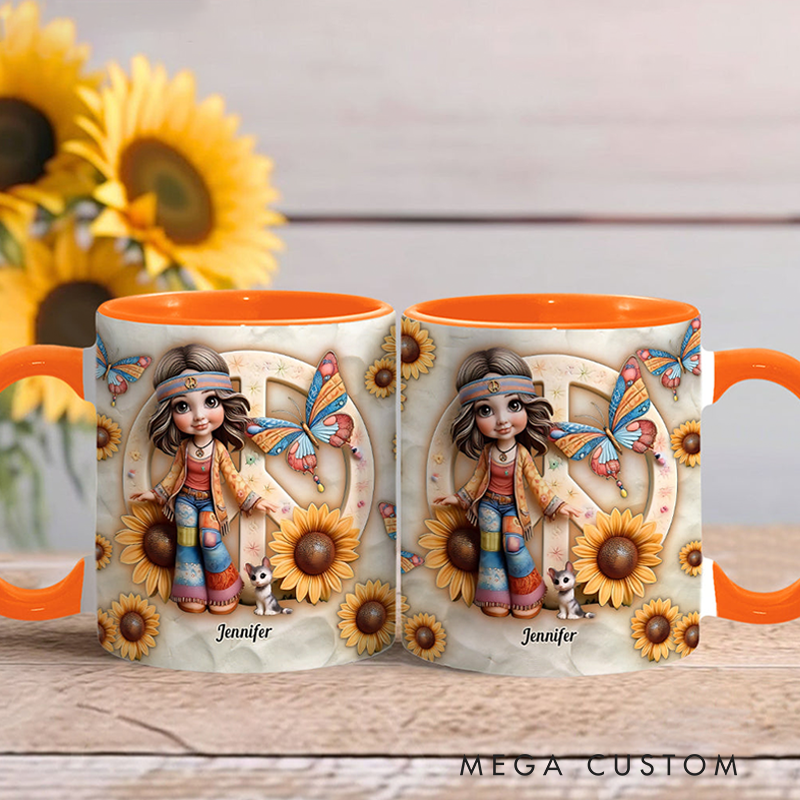 Personalized Hippie Accent Mug Custom Name Hippie Girl Hippie Soul Peace Love Mug for Music Lover Gift