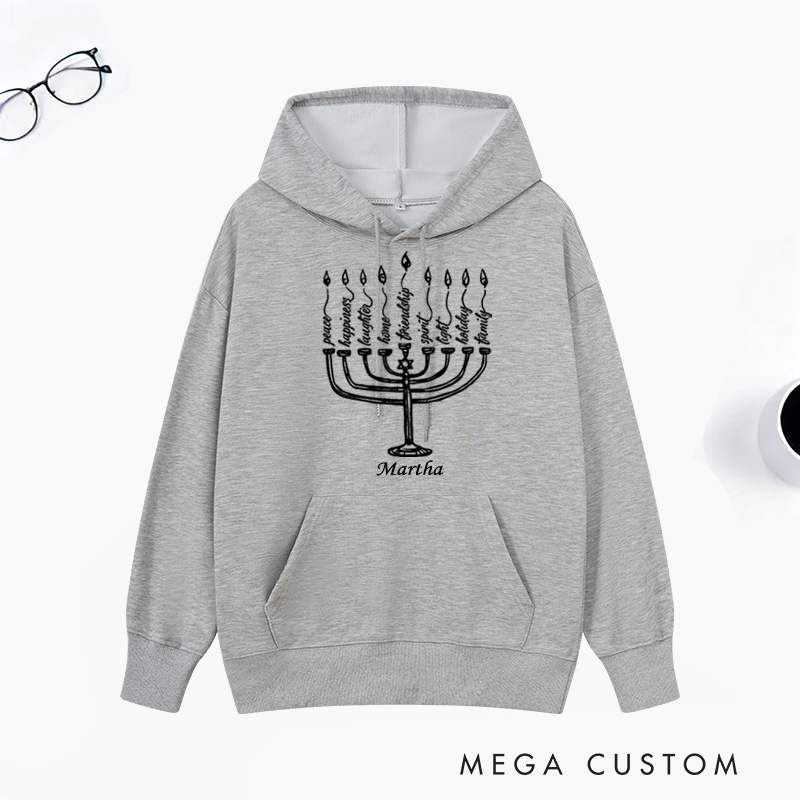 Personalized Peace Laughter Hanukkah Classic Hoodies with Name Unisex Hoodies Religious Gift Happy Hanukkah Gift for Jewish People