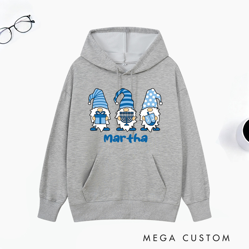 Personalized Gnomes Hanukkah Classic Hoodies with Name Unisex Hoodies Religious Gift Happy Hanukkah Gift for Jewish People