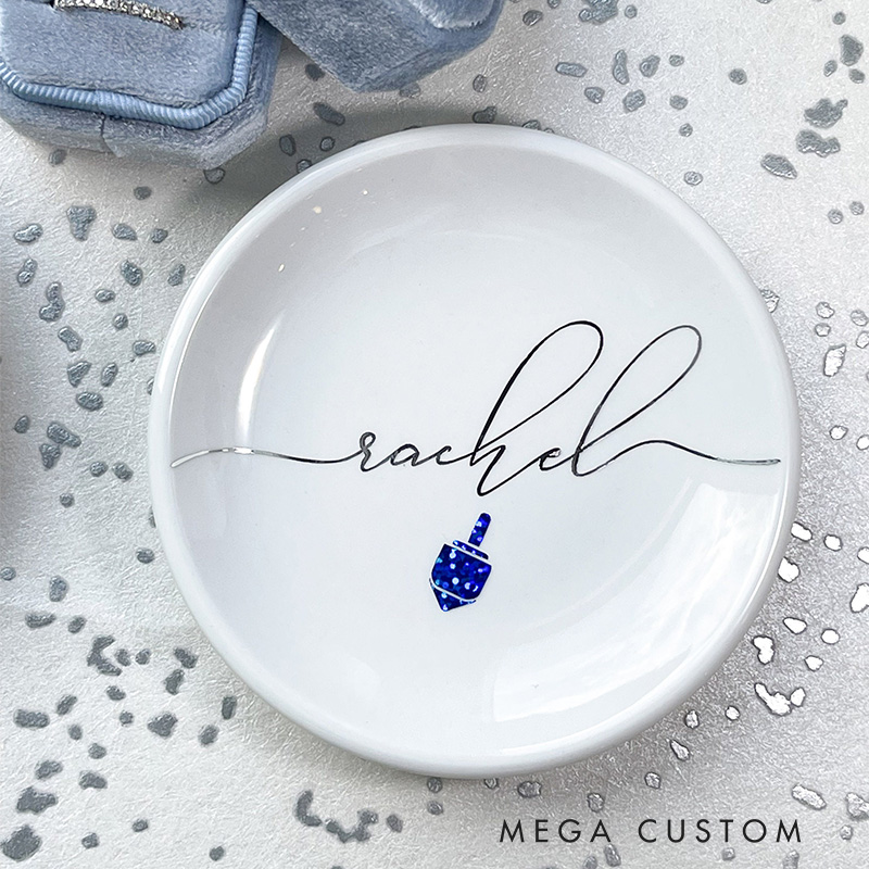 Personalized Hanukkah Ceramic Ring Dish with Custom Name Jewish Trinket Dish Dreidel and Star of David Jewelry Holder Happy Hanukkah Gift for Her