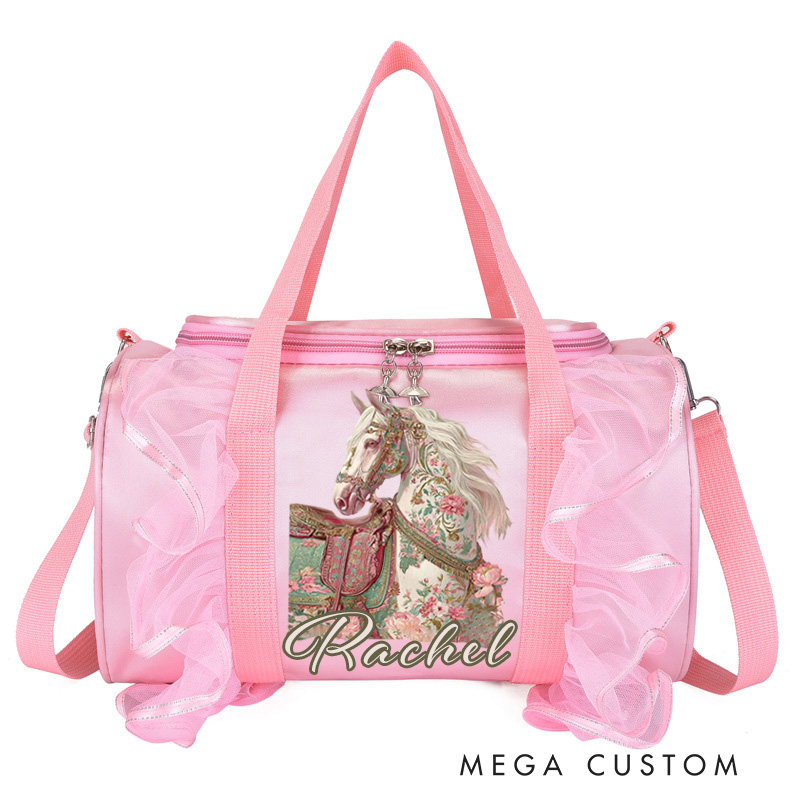 Personalized Horse Duffle Dance Bag with Name and Shoulder Strap Overnight Bag for Girl Ballet Bag Weekender Back To School Gift for Girls Riding Lovers Equestrian Lovers
