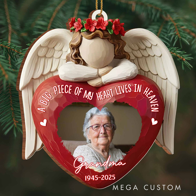 Personalized Wood Ornament A Big Piece Of My Heart Lives In Heaven Angel Heart Ornament Memorial Gift for Family