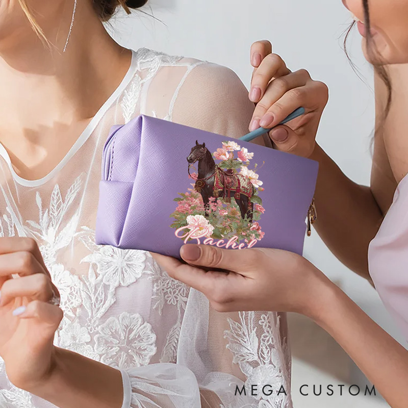 Personalized Horse Makeup Tool Organizer Toiletry Bag Custom Name for Kids Travel Gifts and Daily Use Weekender Back To School Gift for Girls Riding Lovers Equestrian Lovers