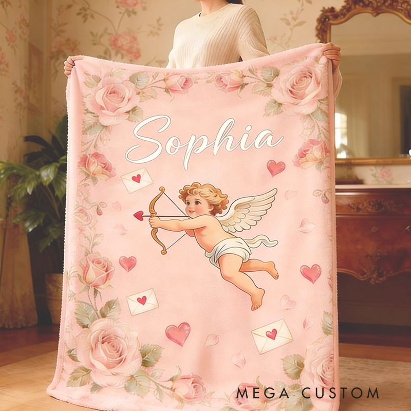 Personalized Cupid Themed Valentine's Day Gift Blanket Custom Name for Her