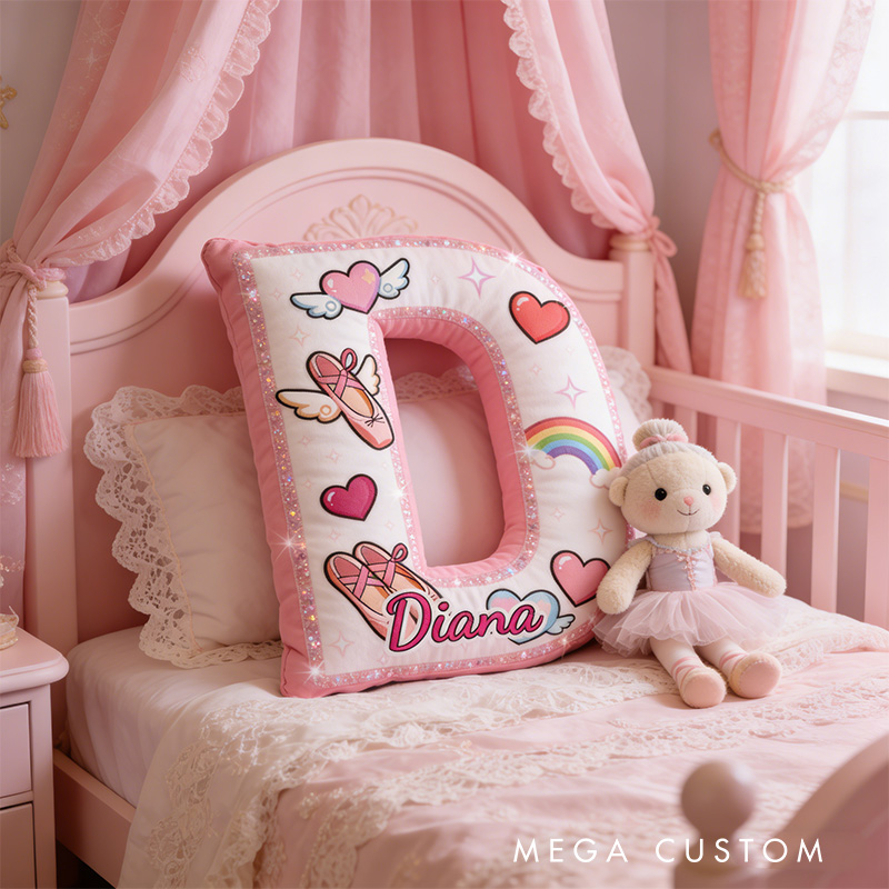 Personalized Graphic 3D Fantacy Rainbow Ballerina Alphabet Shaped Pillow for Dance Lovers Initial Pillow Christmas Gift for Kids