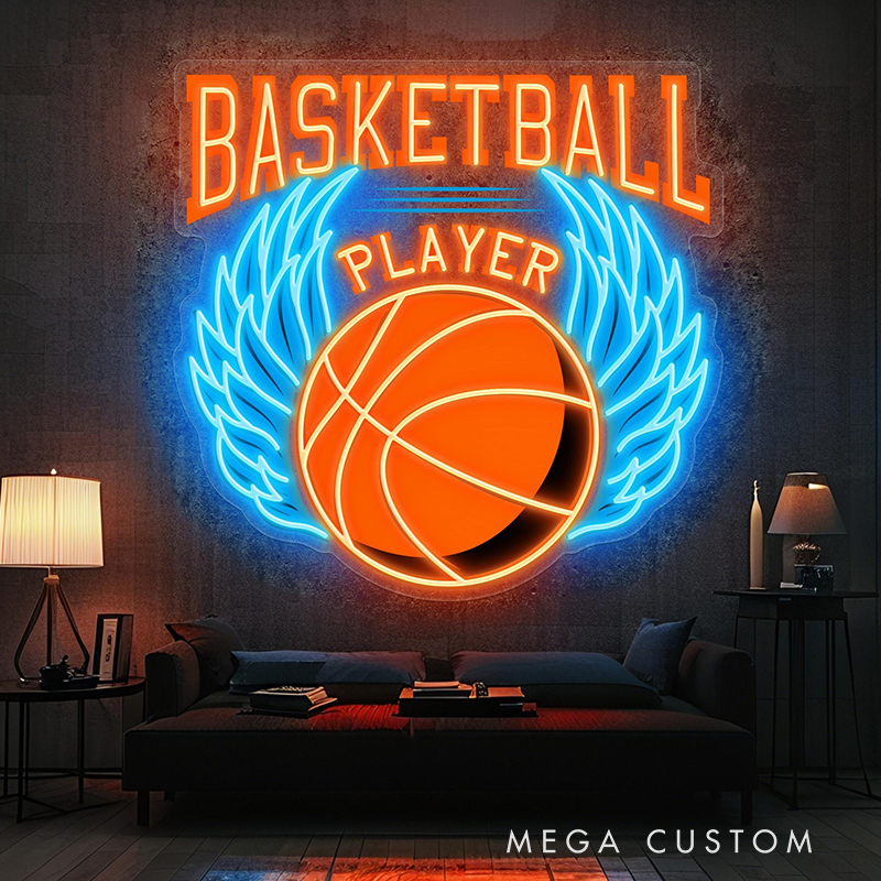Personalized LED Basketball Neon Sign with Winged Ball Design for Basketball Lovers Teenage Boy Gifts