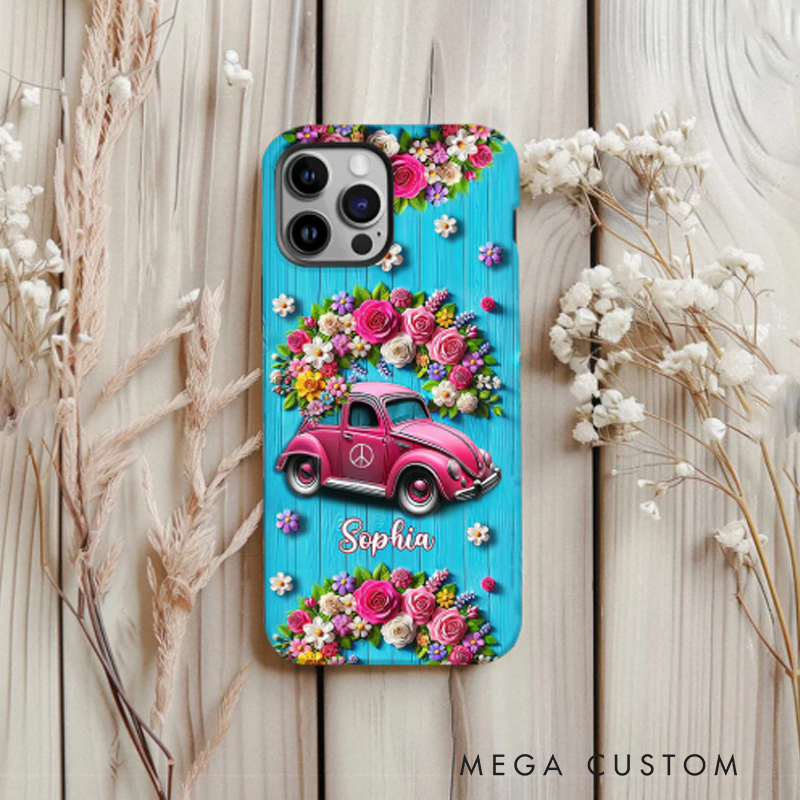 Personalized Hippie Accent Phone Case Custom Name Hippie Cars Theme and Flower Case