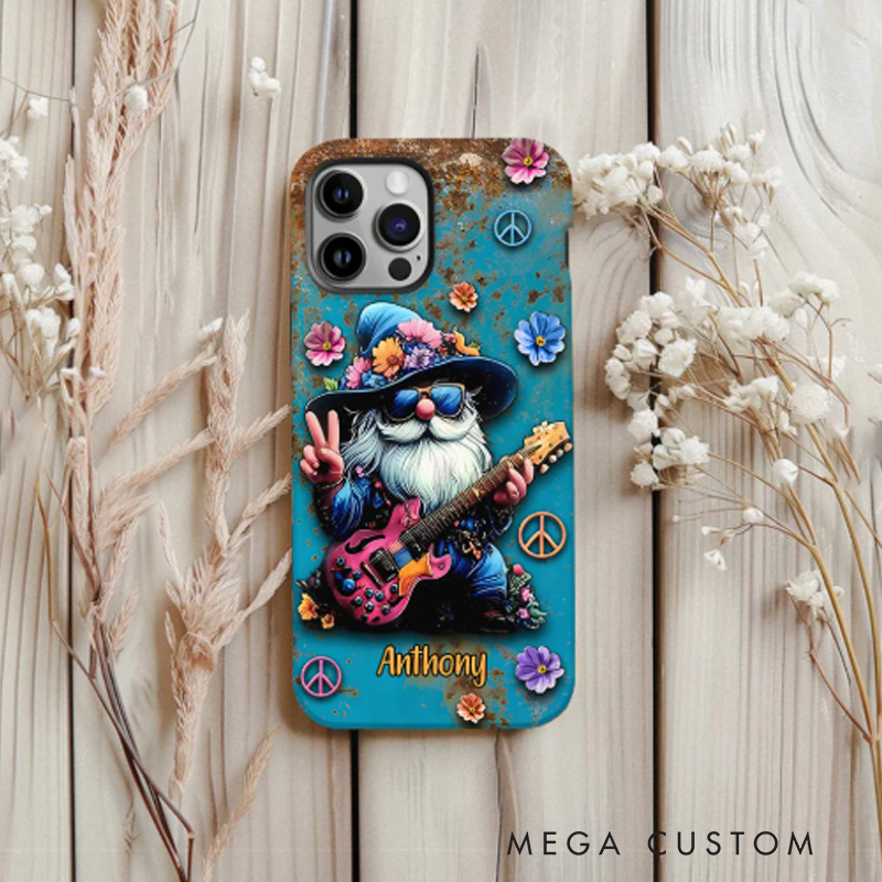 Personalized Hippie Gnome and Guitar Hipper Phone Case Custom Name Hippie Theme and Flower Case