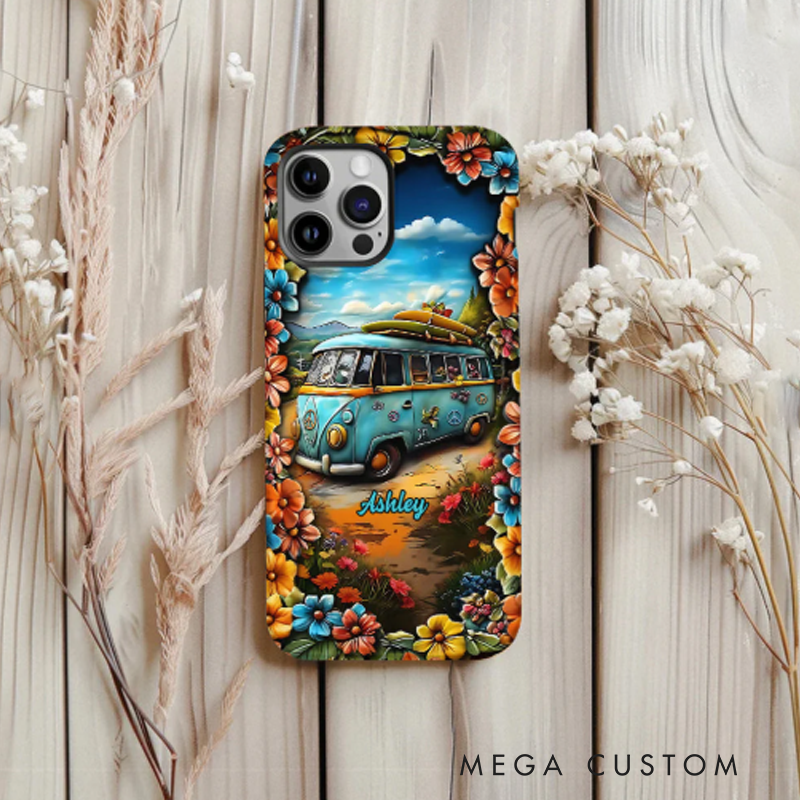Personalized Hippie Accent Phone Case Custom Name Hippie Cars Theme and Flower Case