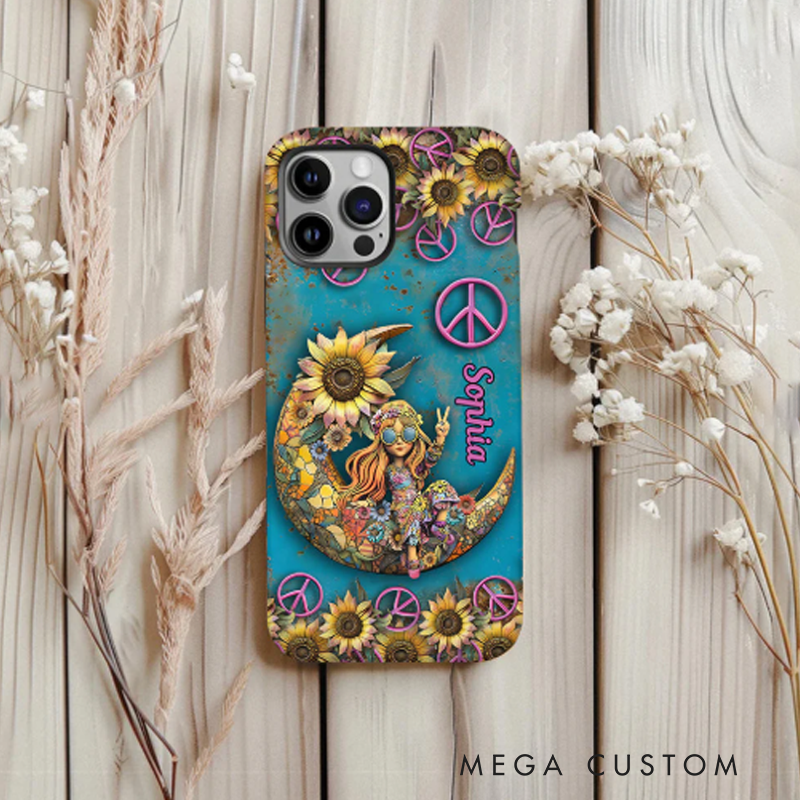 Personalized Hippie Girl Accent Phone Case Custom Name Hippie Theme and Flower Case
