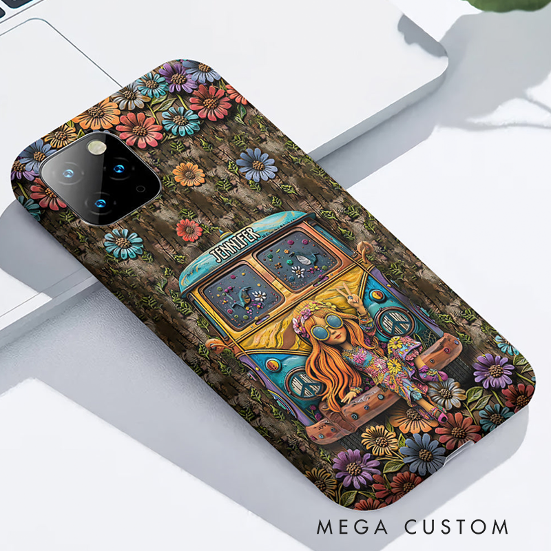 Personalized Hippie Girl and Cars Accent Phone Case Custom Name Hippie Theme and Flower Case