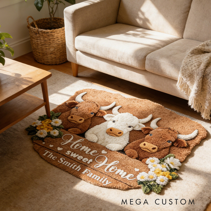 Personalized Home Sweet Home Rug Custom Highland Cow Mat for Family Housewarming Gift
