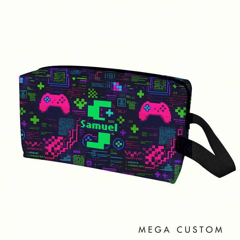 Personalized Glitch Art Style Gamer Name Portable Toiletry Bag with Zipper and Handle Dopp Kit Travel Accessory Birthday Gift for Game Lover