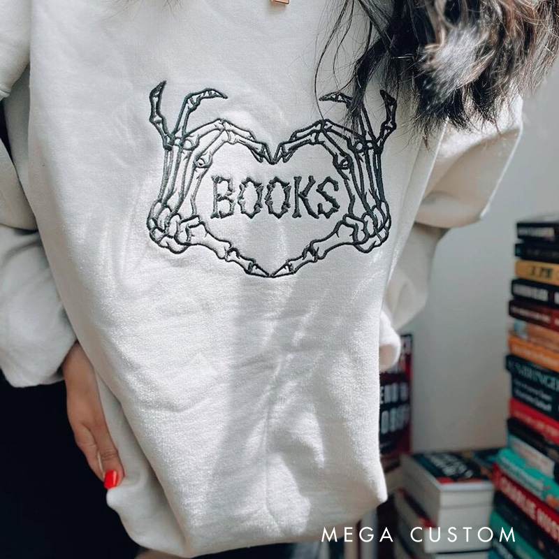 Personalized Spooky Book Classic Sweatshirts Skull Heart Book Sweatshirt Valentine's Day Gift for Book Lover Reader Bookish Bookworm