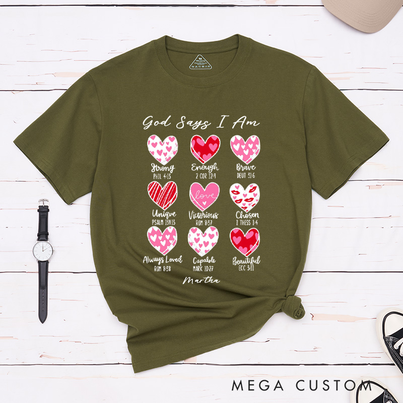Personalized God Says I Am Valentine Classic T-Shirt with Custom Name Christian Bible Verse Shirt Heart Design Tee Valentine's Day Gift for Her