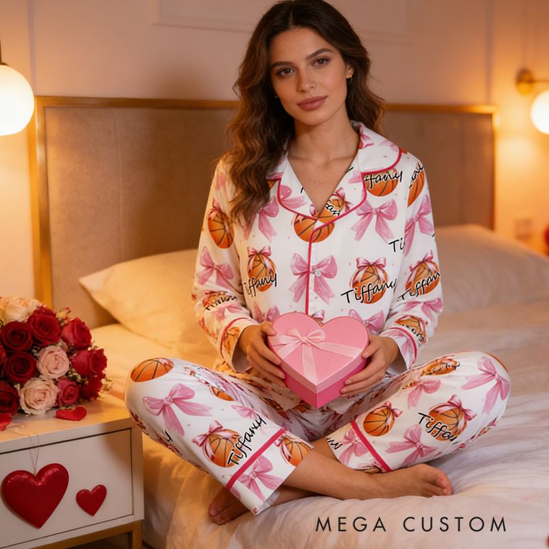 Personalized Couple Basketball Pajamas with Custom Name and Bow Design Gift for Anniversaries Valentine’s Day