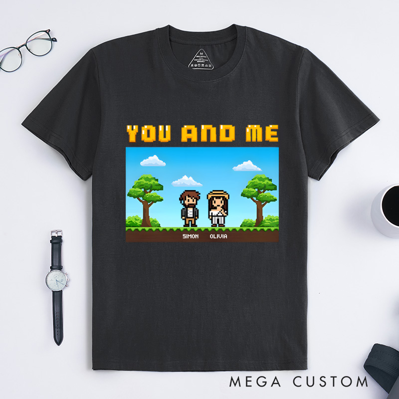 Personalized Custom Photo Pixel Art Couple T-Shirt Funny Gamer Coupie Shirt Geek Game Gift