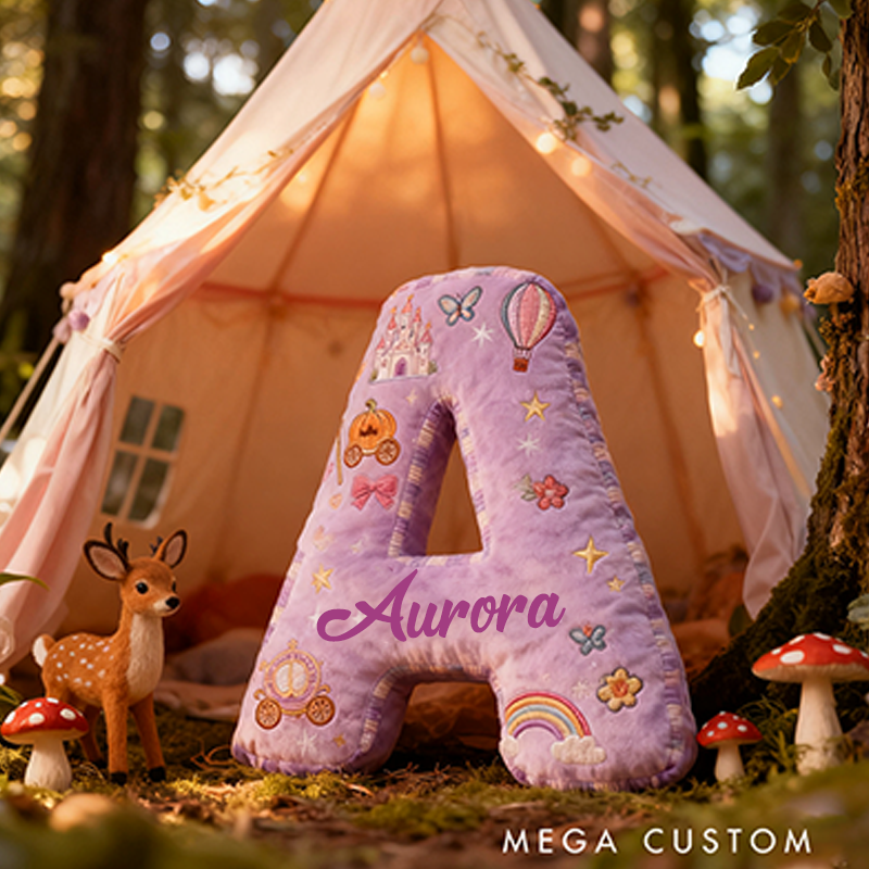 Personalized Princess Letter Christmas Gift Pillow Purple Design and Fairytale Embroidery Graphic 3D Print Pillow for Kids