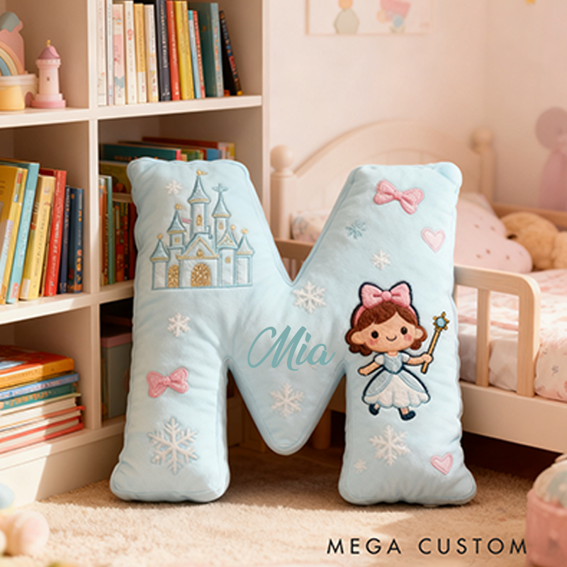 Personalized Light Blue Letter Christmas Gift Pillow with Castle Bow Accents and Fairy Princess Design for a Magical and Whimsical Touch 3D Print Pillow