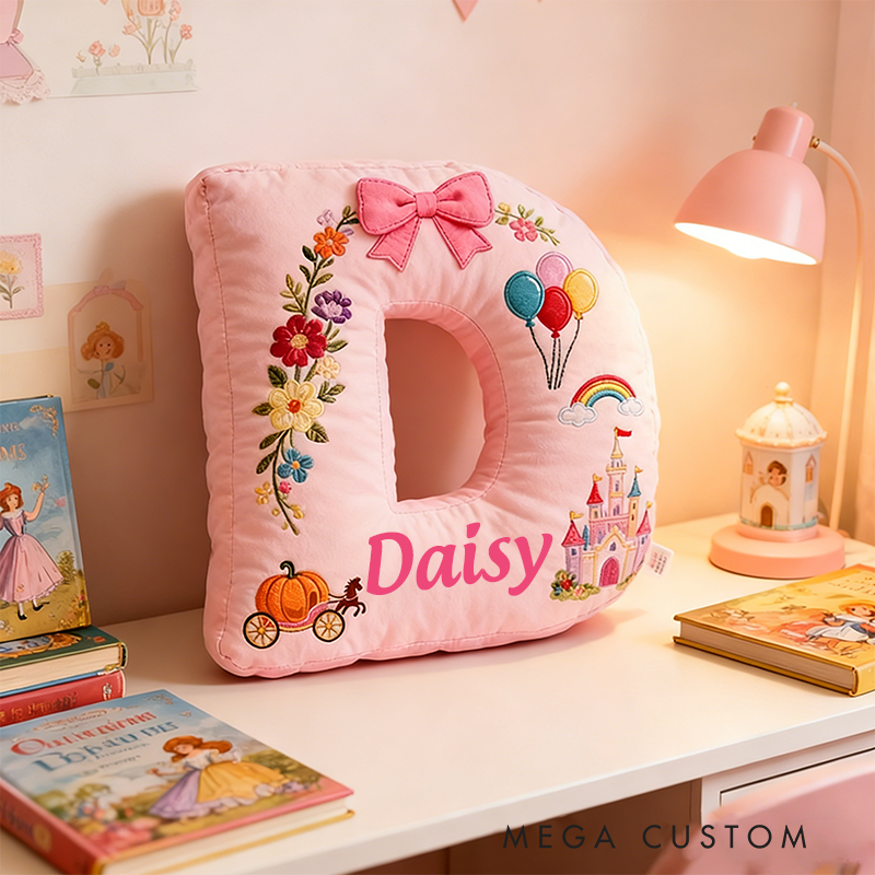 Personalized Pink Letter Christmas Gift Pillow with Castle Pumpkin Carriage Rainbow for a Fairytale Inspired Design Graphic 3D Print Pillow