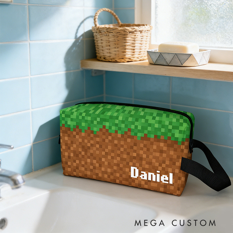 Personalized Pixel Game Portable Toiletry Bag with Zipper and Handle Dopp Kit Travel Accessory Birthday Gift for Game Lover Kids