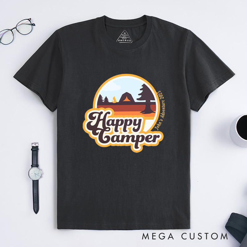 Personalized Happy Camper T-Shirt Hiking Camping Adventure T-Shirt for Nature Travelers Outdoors Lover Gift