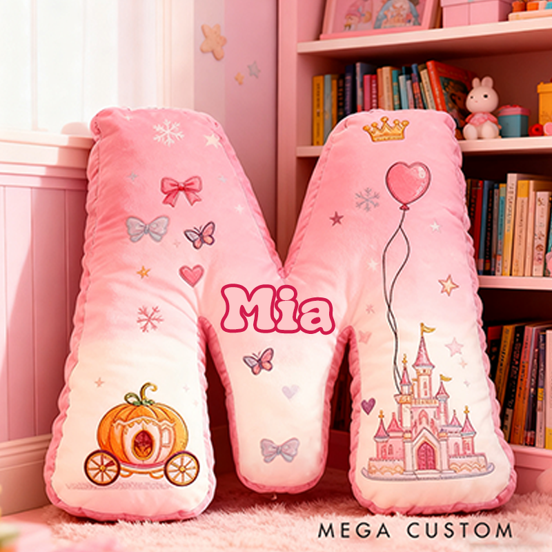 Personalized Letter Christmas Gift Pillow Princess Theme Castle Pumpkin Carriage Crown Balloons and Whimsical Fairy Tale Design Graphic 3D Print Pillow