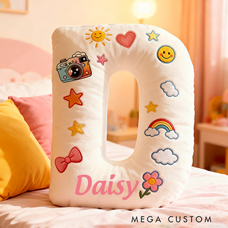 Personalized 26 Letters Shaped Christmas gift Pillow with Cute Camera Bowknots Flowers Smiley Faces Stars and Pastel Design Graphic 3D Print Pillow
