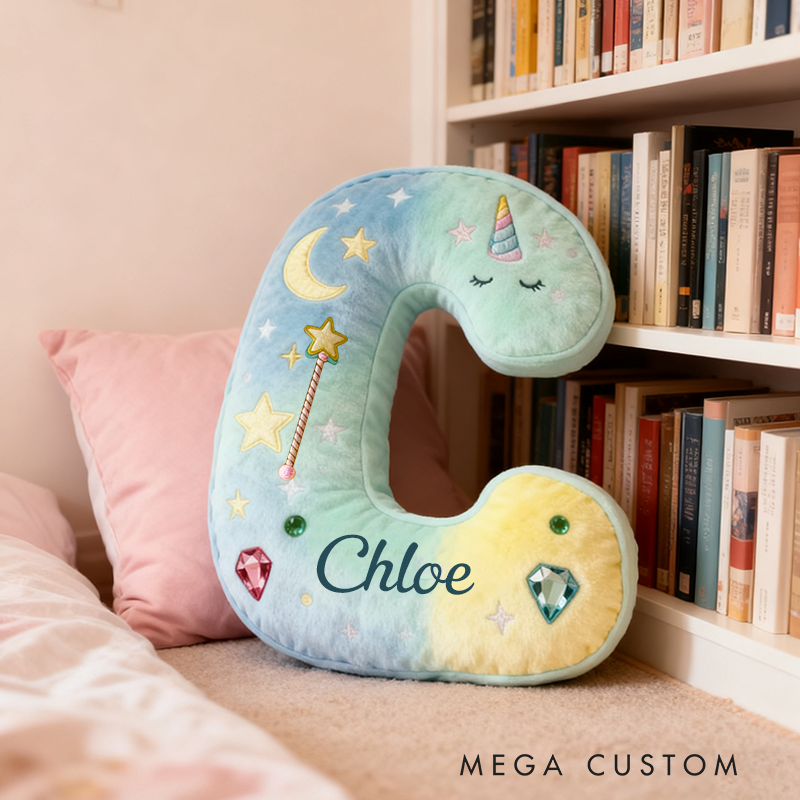 Personalized Colorful 26 Letters Unicorn Starry Dream Cute Graphic 3D Print Pillow Cute Magic Beautiful Letter Custom Pillow Gift for Kids