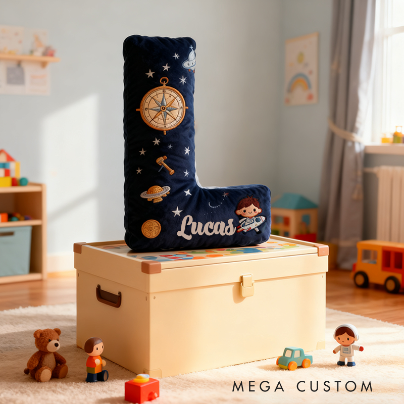 Personalized Space Themed Christmas Gift Pillow with Stars Moon Spaceship Compass Telescope and Astronaut Design Graphic 3D Print Pillow