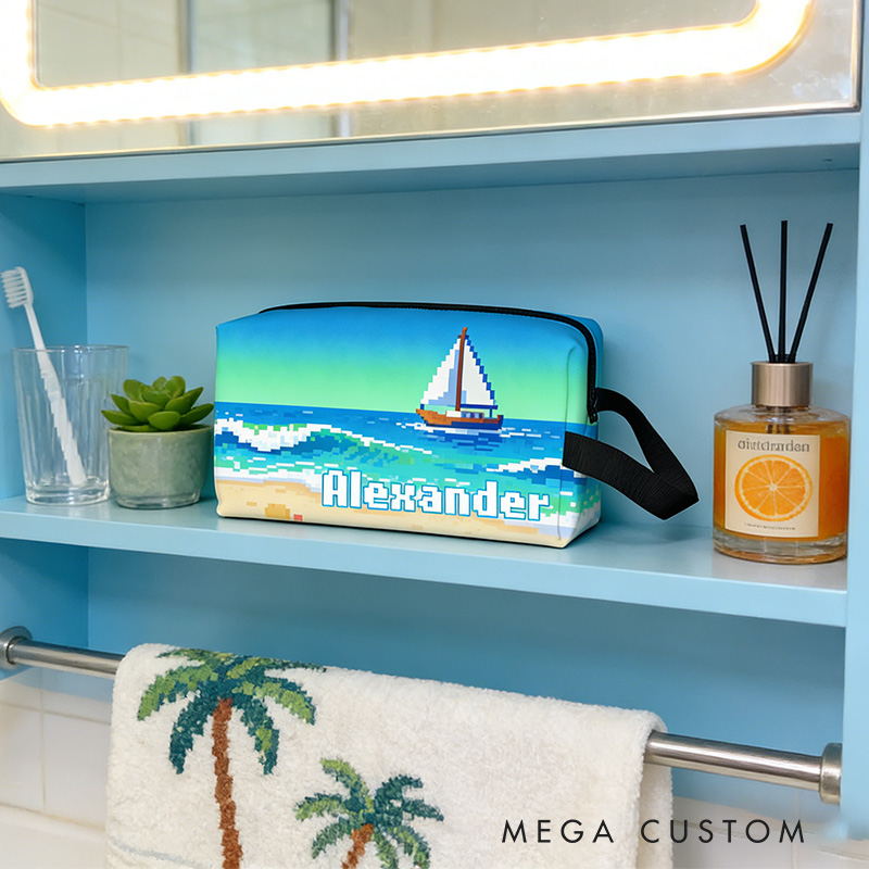 Personalized Pixel Ocean Game Portable Toiletry Bag with Zipper and Handle Dopp Kit Travel Accessory Birthday Gift for Game Lover Kids