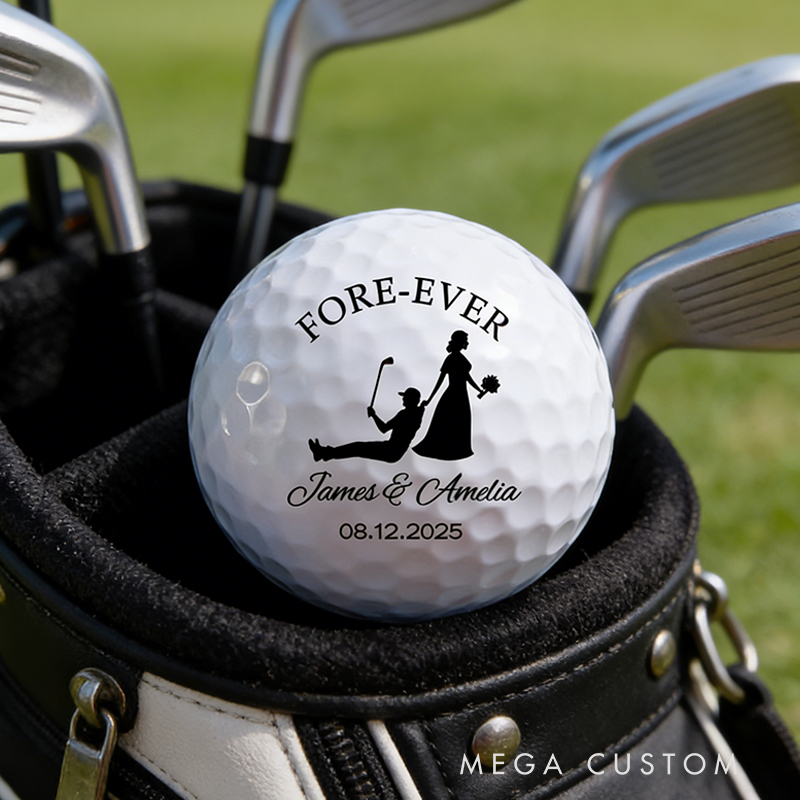 Personalized Bride and Groom Golf Ball with Wedding Silhouette and Details for Weddings and Anniversaries